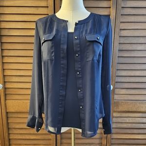Ann Taylor Sheer Button-down Navy Blouse and Matching Cami (XSP)
